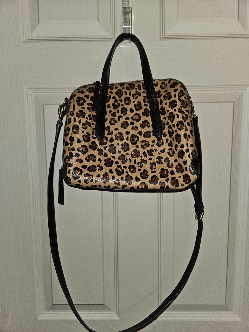 Fossil Leopard Print Crossbody Satchel in Tan and Black